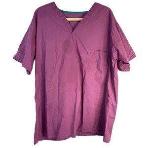 short sleeve scrub shirt purple pocket v-neck cotton blend large bust 22" READ